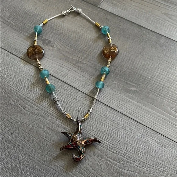 Artisan Starfish Necklace with Sea Glass and Amber Beads - Picture 1 of 10